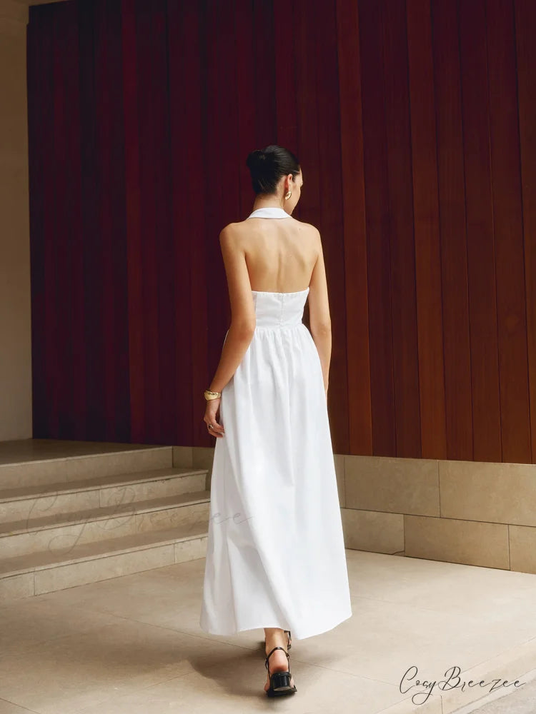 Cotton & Linen Halter Modern A Line Long Dress