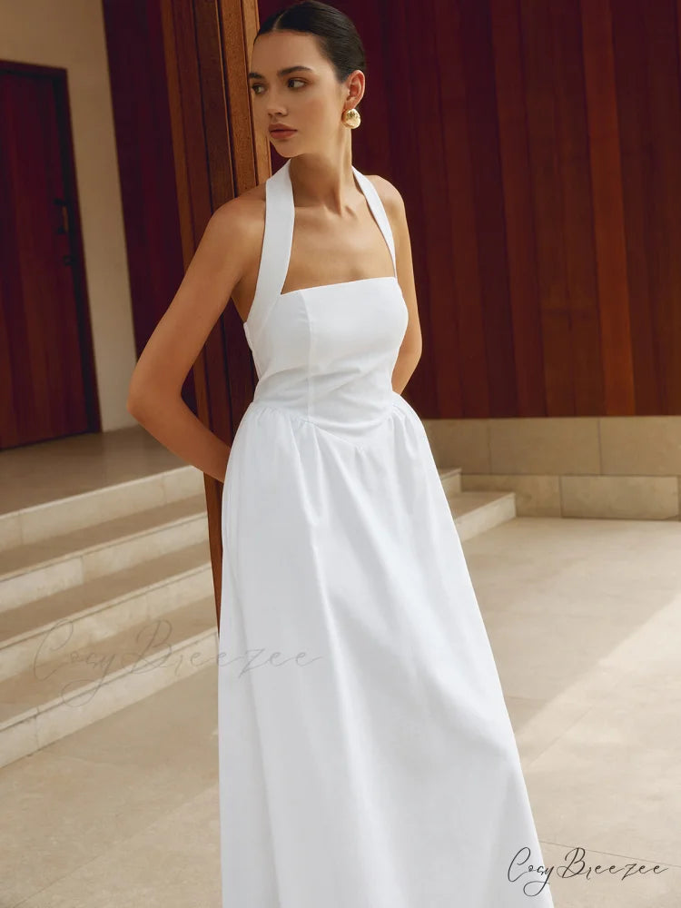 Cotton & Linen Halter Modern A Line Long Dress