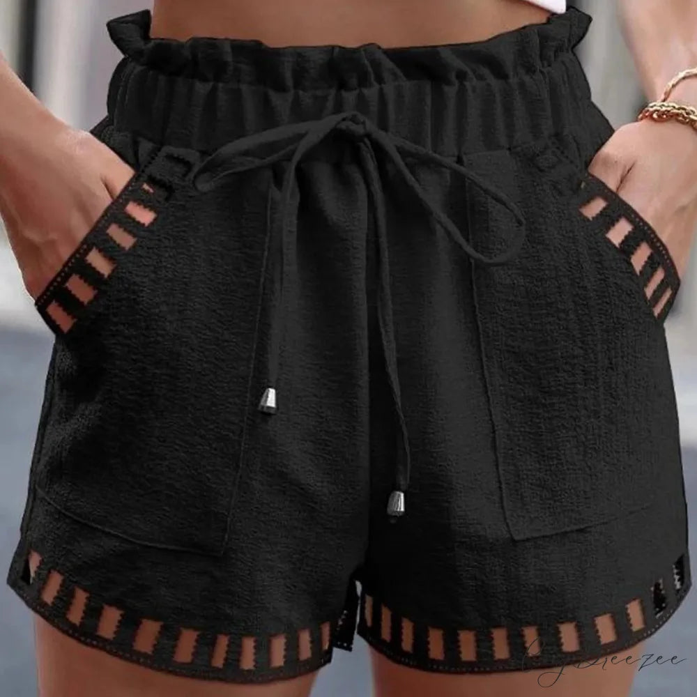 Cotton Linen Hollow-Out Beach Shorts Black / S short-250223