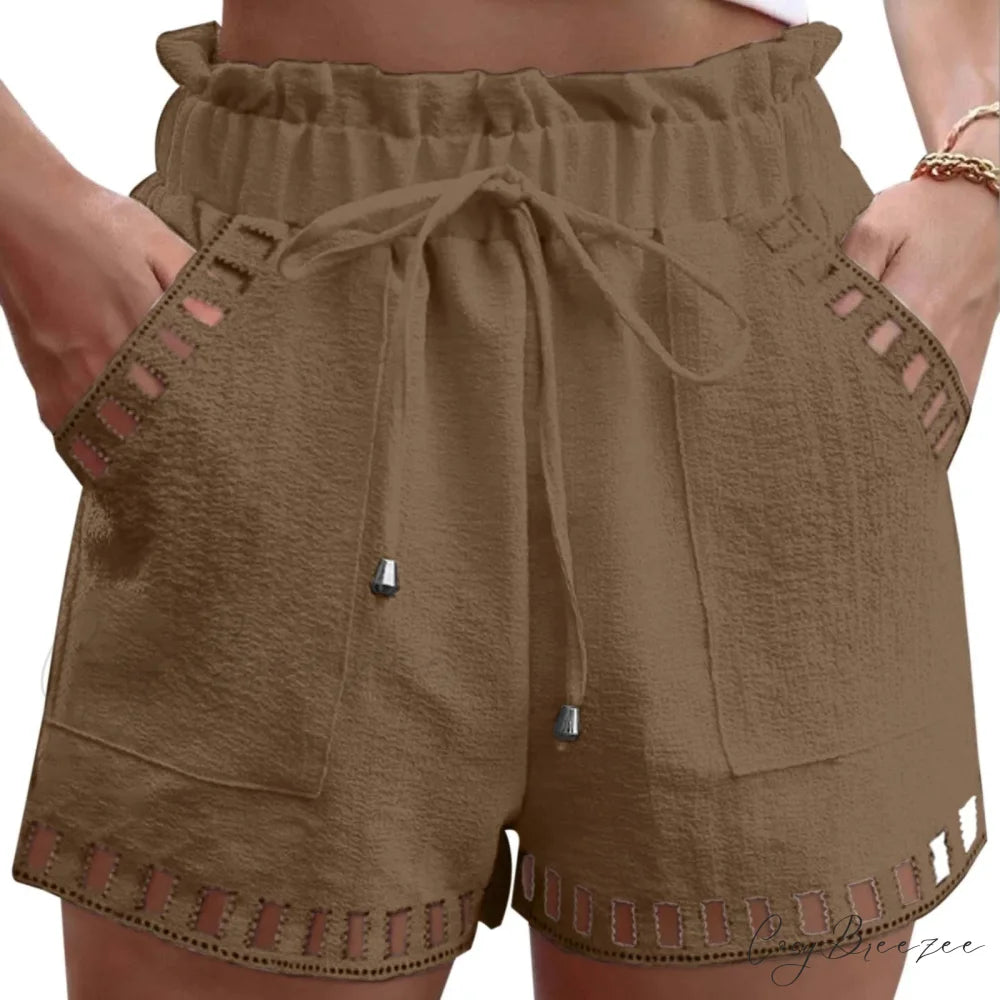 Cotton Linen Hollow-Out Beach Shorts Brown / S short-250223