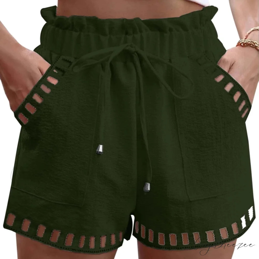 Cotton Linen Hollow-Out Beach Shorts dgreen / S short-250223