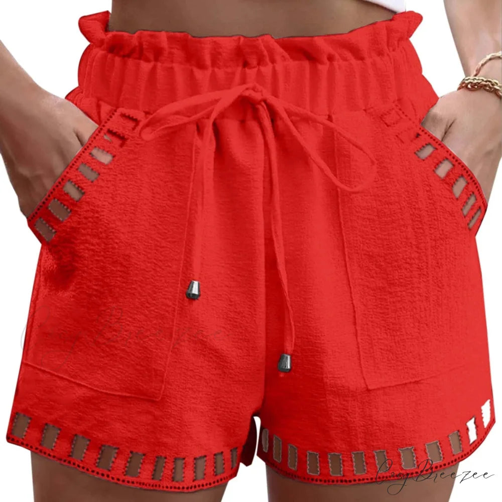 Cotton Linen Hollow-Out Beach Shorts Red / S short-250223