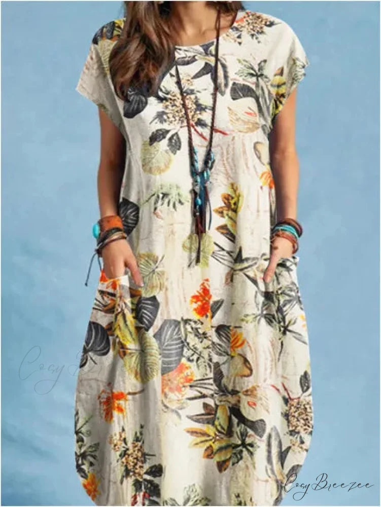 Cotton Linen Loose O-neck Floral Dress Orange / S oldfloraldress-250126