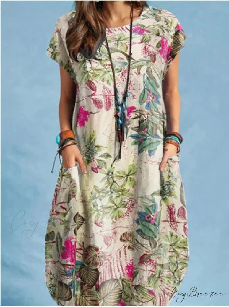 Cotton Linen Loose O-neck Floral Dress Purplish Red / S oldfloraldress-250126
