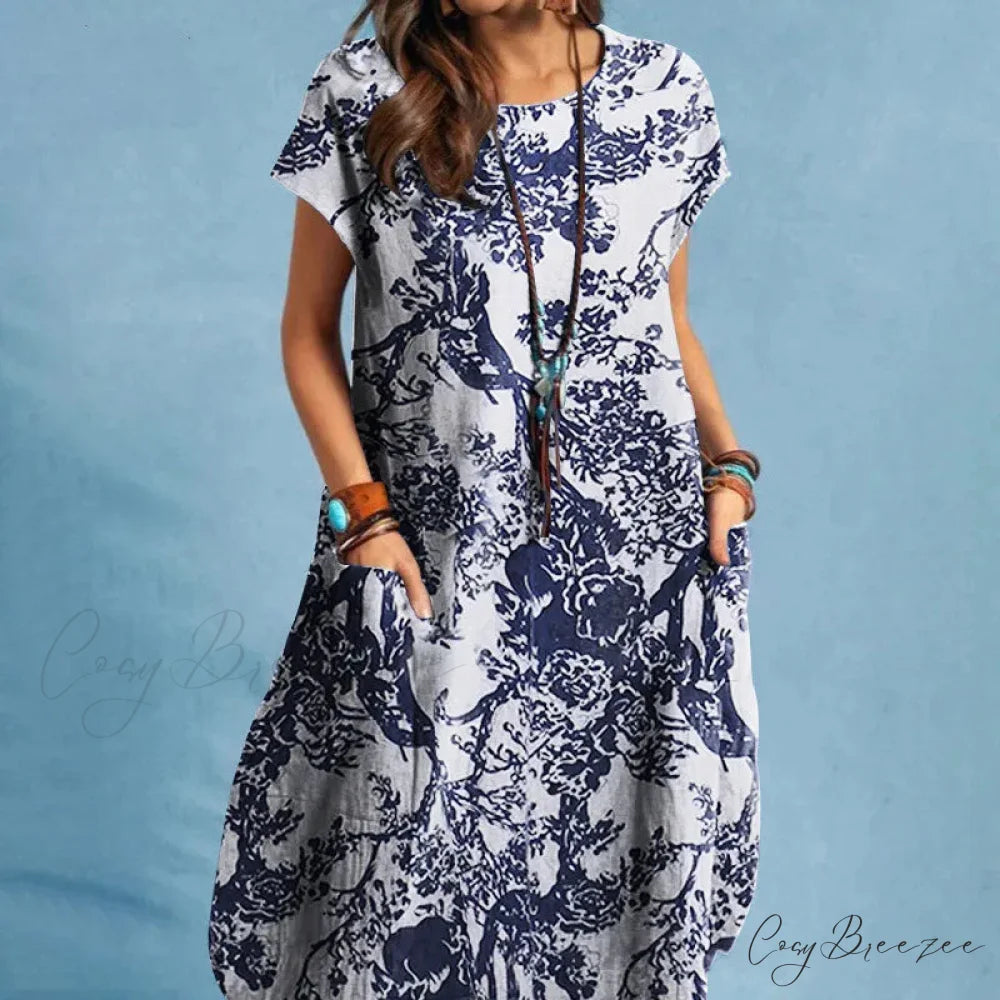 Cotton Linen Loose O-neck Floral Dress White / S oldfloraldress-250126