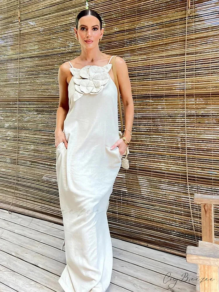 Cotton Linen Split 3D Flower Solid Sling Maxi Dress floraldress-250126