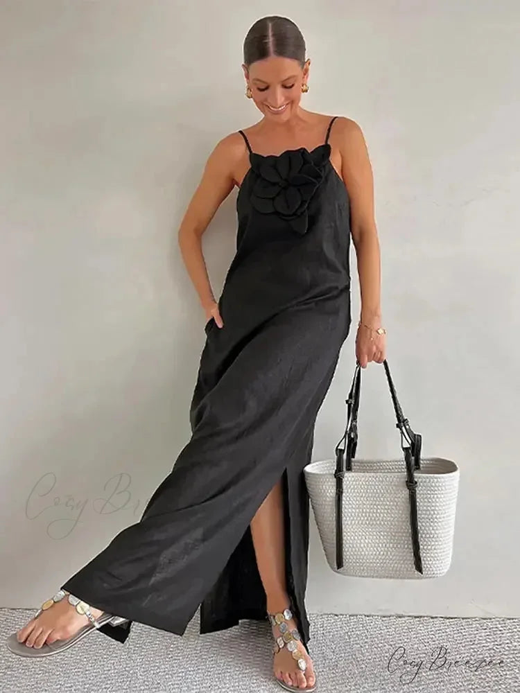 Cotton Linen Split 3D Flower Solid Sling Maxi Dress floraldress-250126