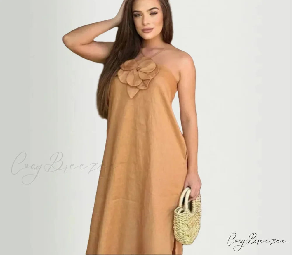 Cotton Linen Split 3D Flower Solid Sling Maxi Dress Khaki / S floraldress-250126