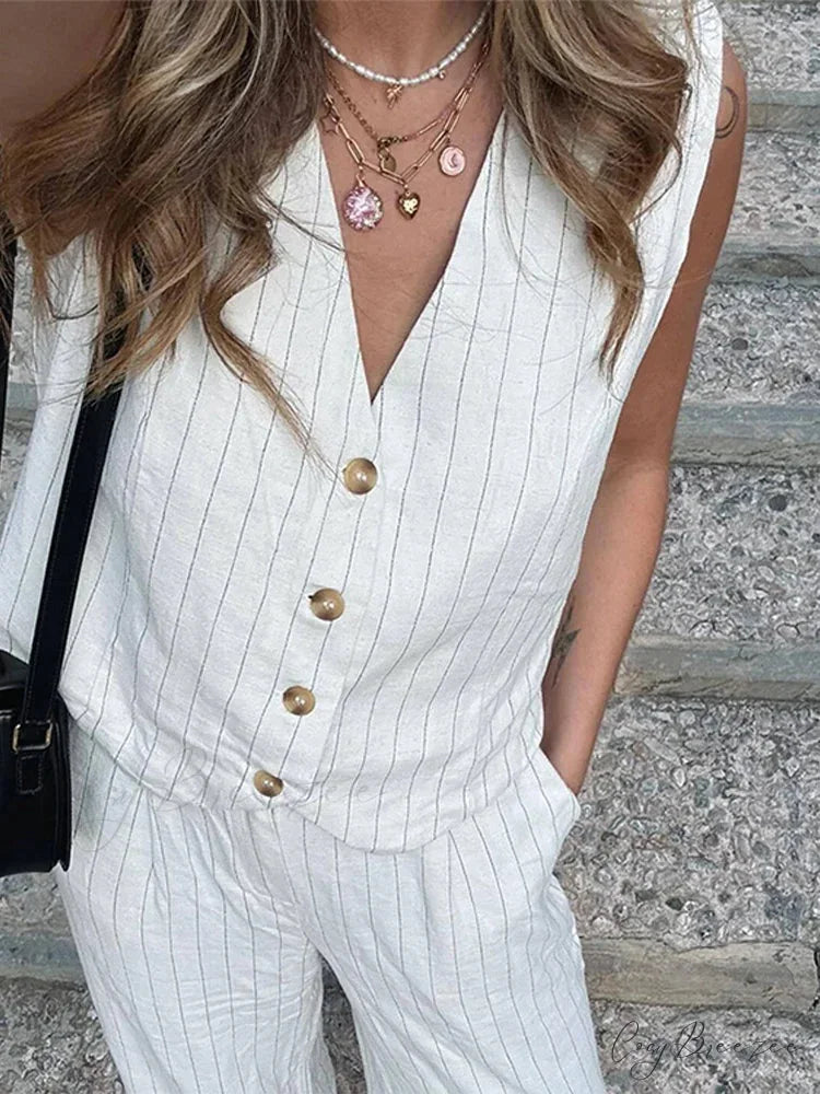 Cotton Linen Striped Wide Fit Work Set officetwopieceset-250223