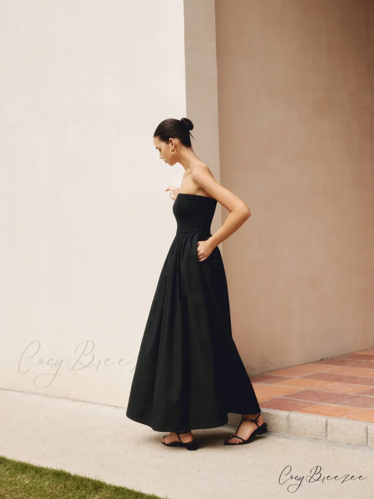 Cotton & Linen Trendy Pleat Strapless Long Dress