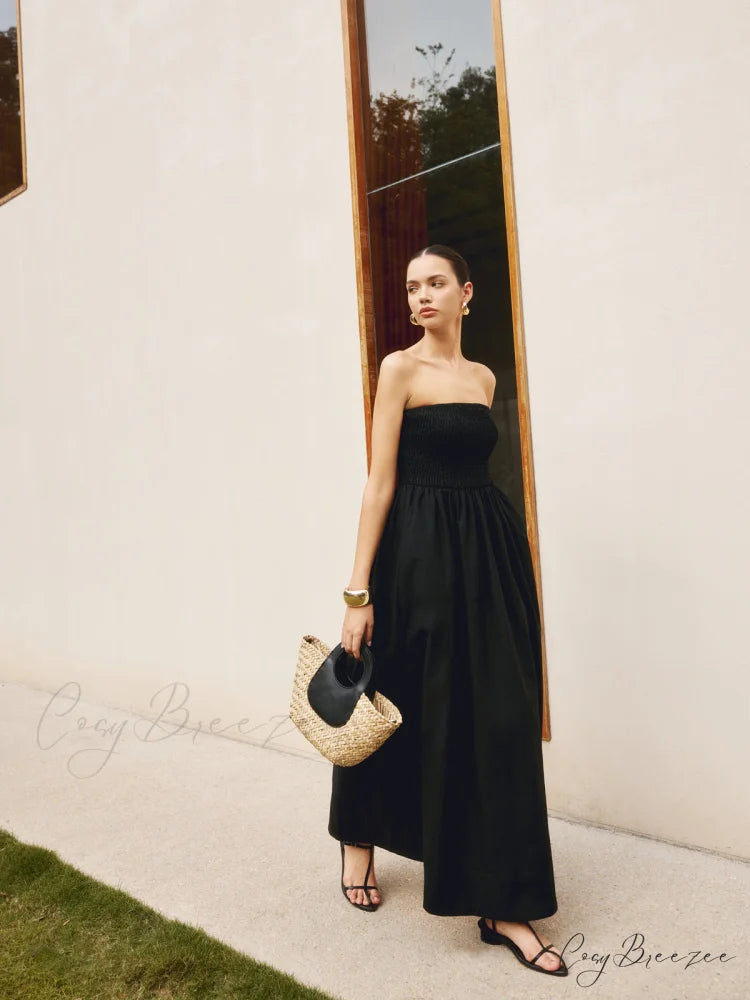 Cotton & Linen Trendy Pleat Strapless Long Dress