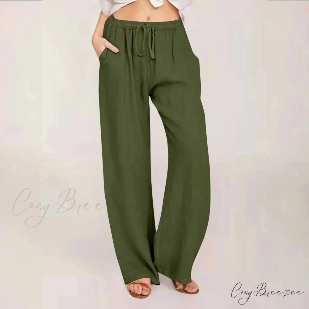 Cotton Linen Wide Leg Drawstring Pants green / S pants-241228