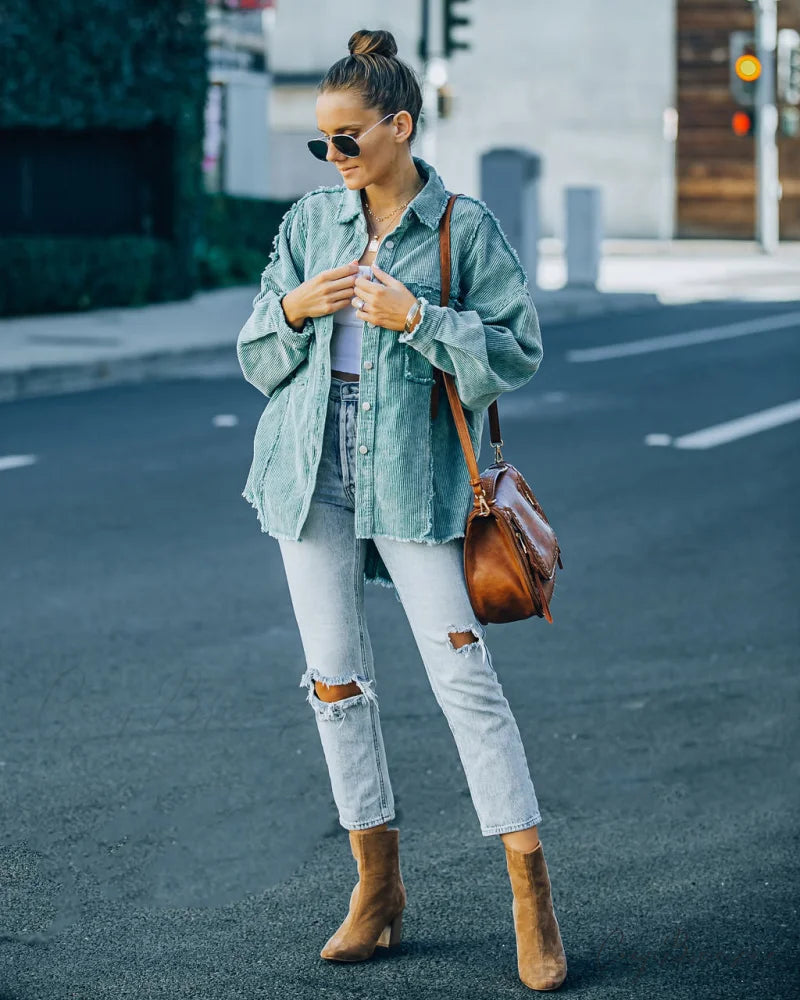 Cotton Pocketed Corduroy Shacket - Seafoam