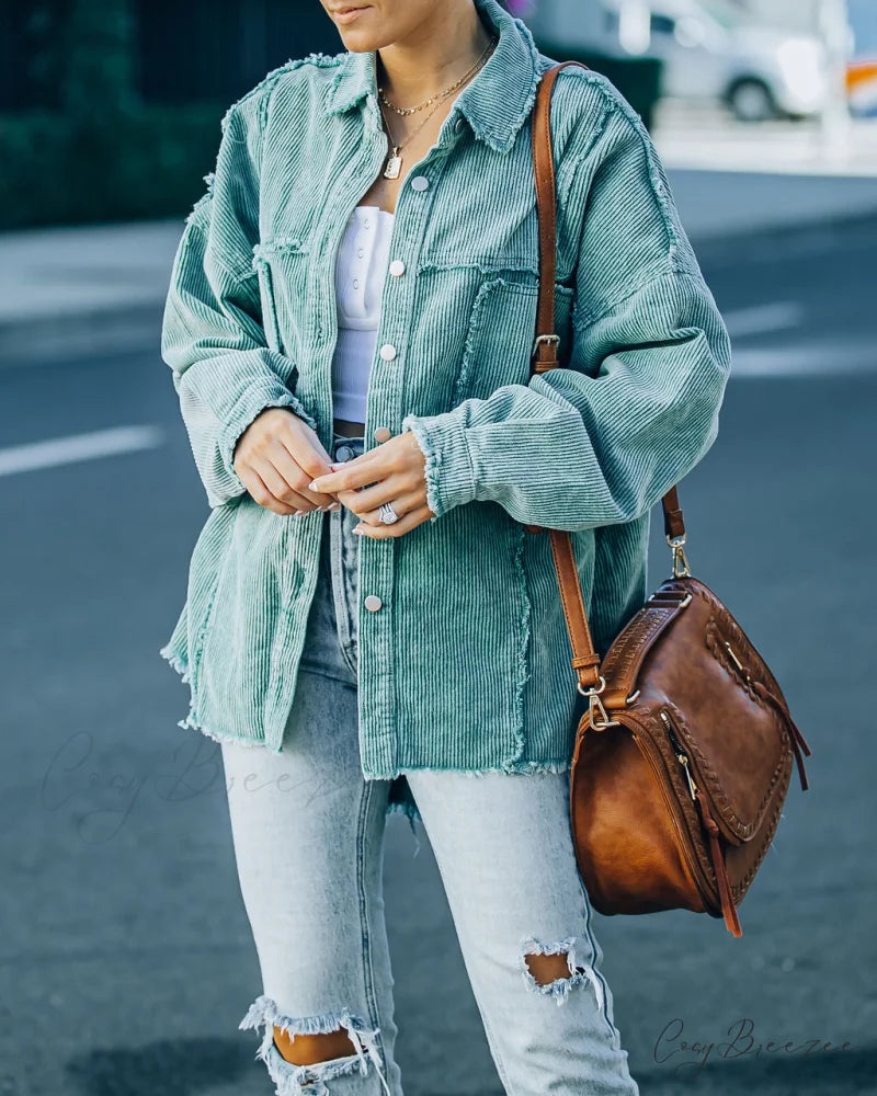 Cotton Pocketed Corduroy Shacket - Seafoam