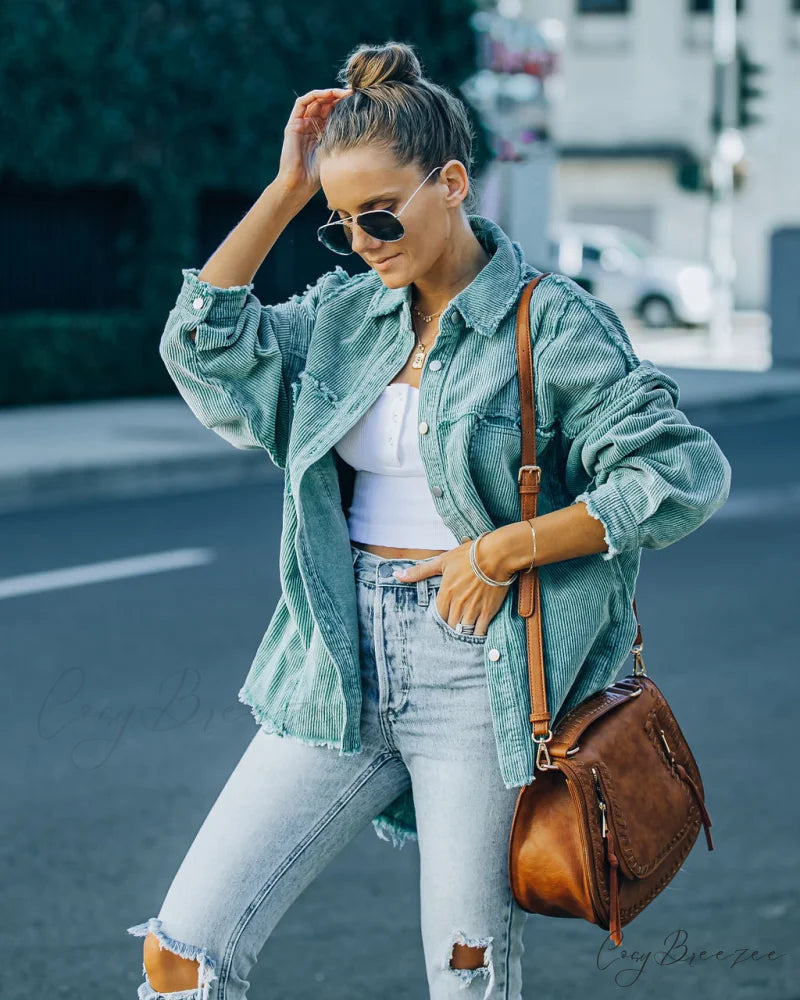 Cotton Pocketed Corduroy Shacket - Seafoam