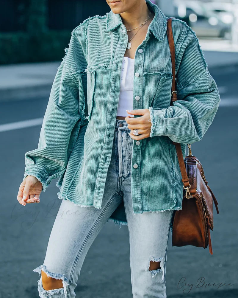 Cotton Pocketed Corduroy Shacket - Seafoam
