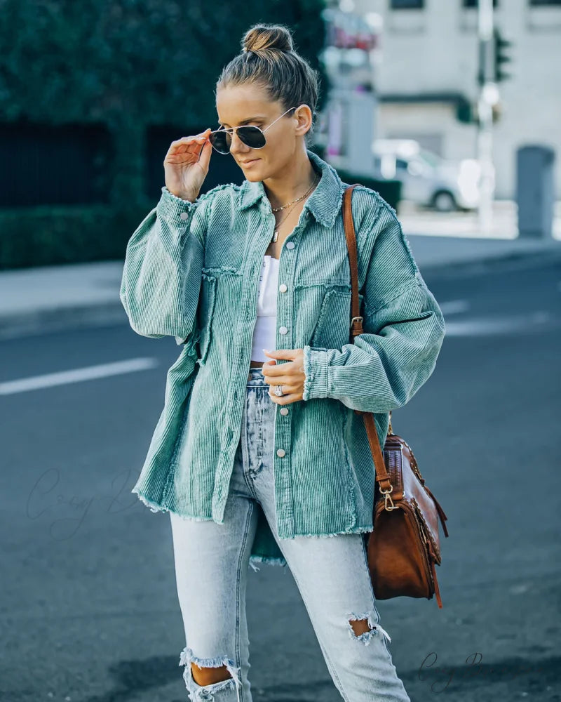 Cotton Pocketed Corduroy Shacket - Seafoam