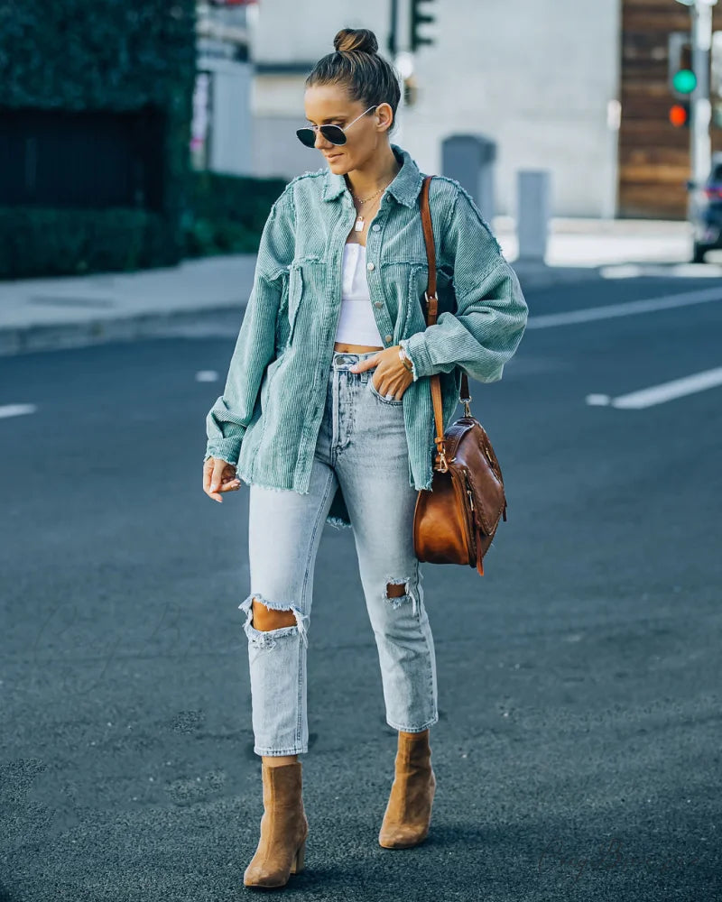 Cotton Pocketed Corduroy Shacket - Seafoam