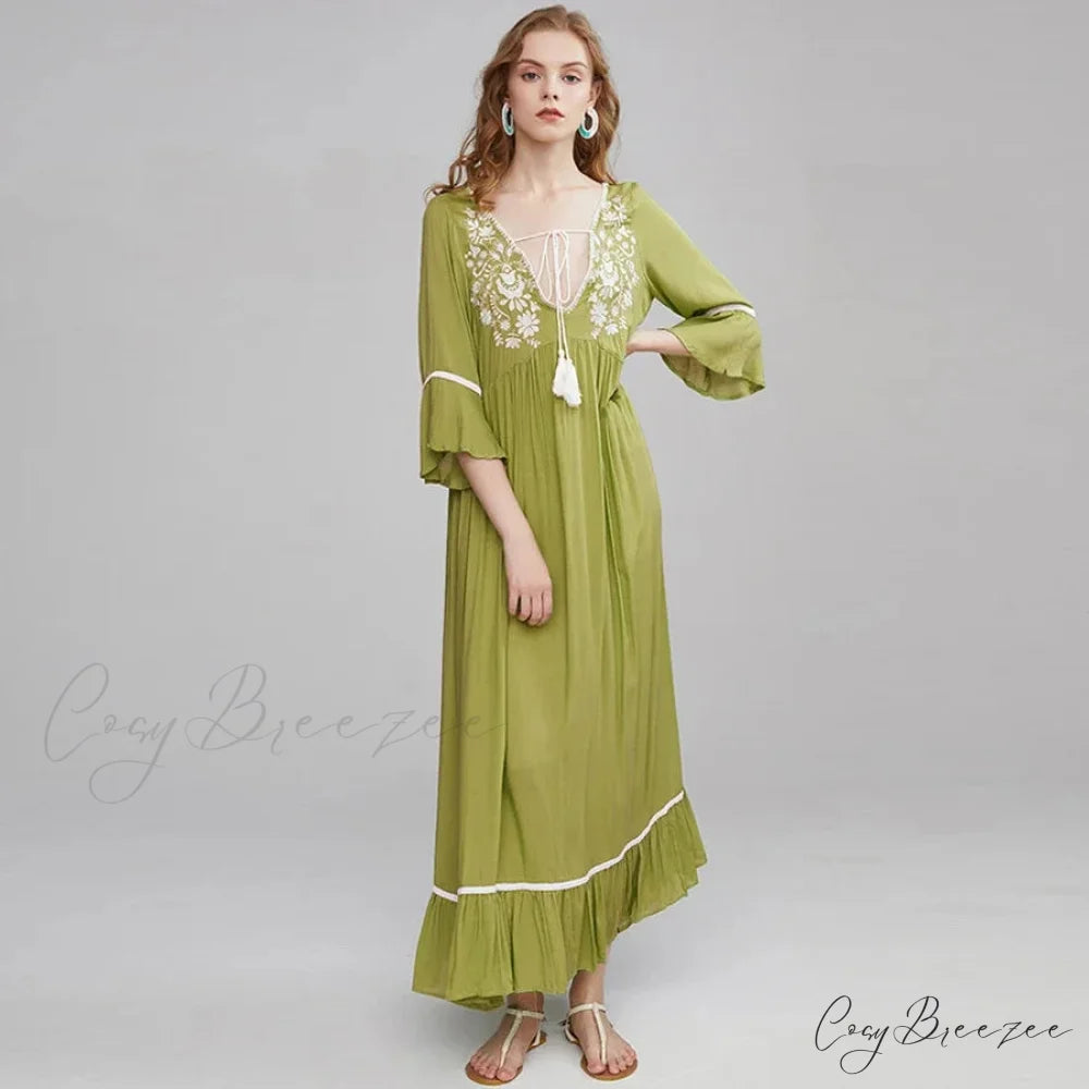 Cotton Rayon Boho Dress Green / S bohodress-250126