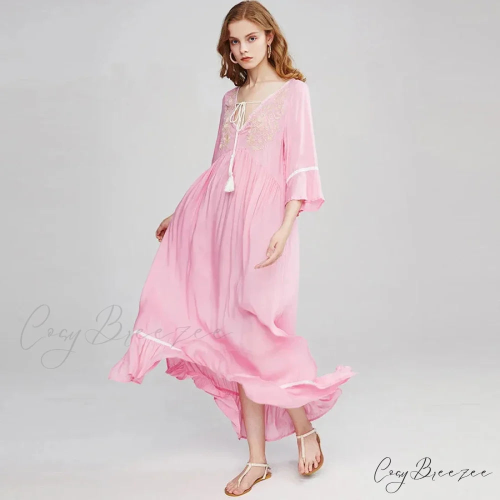 Cotton Rayon Boho Dress Pink / S bohodress-250126