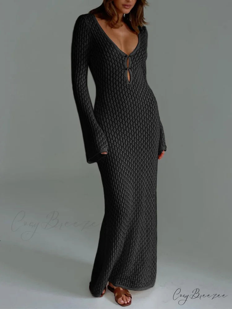 Cover Up Long Sleeve Modern Open Back Long Dress Black / XS