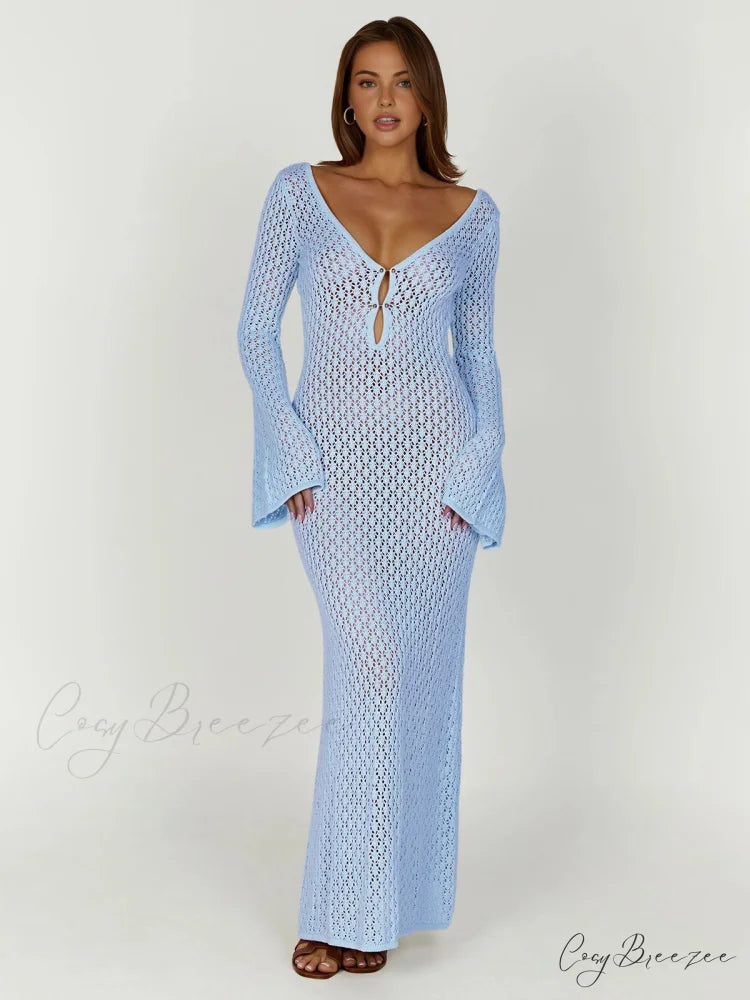 Cover Up Long Sleeve Modern Open Back Long Dress LightBlue / XS