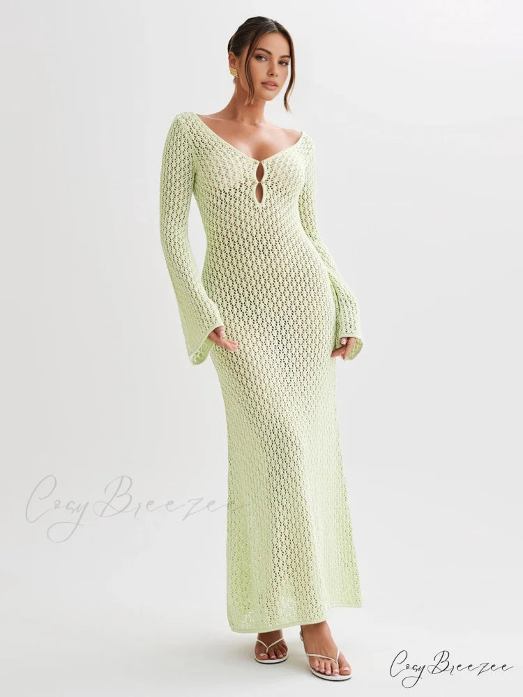 Cover Up Long Sleeve Modern Open Back Long Dress LightGreen / XS