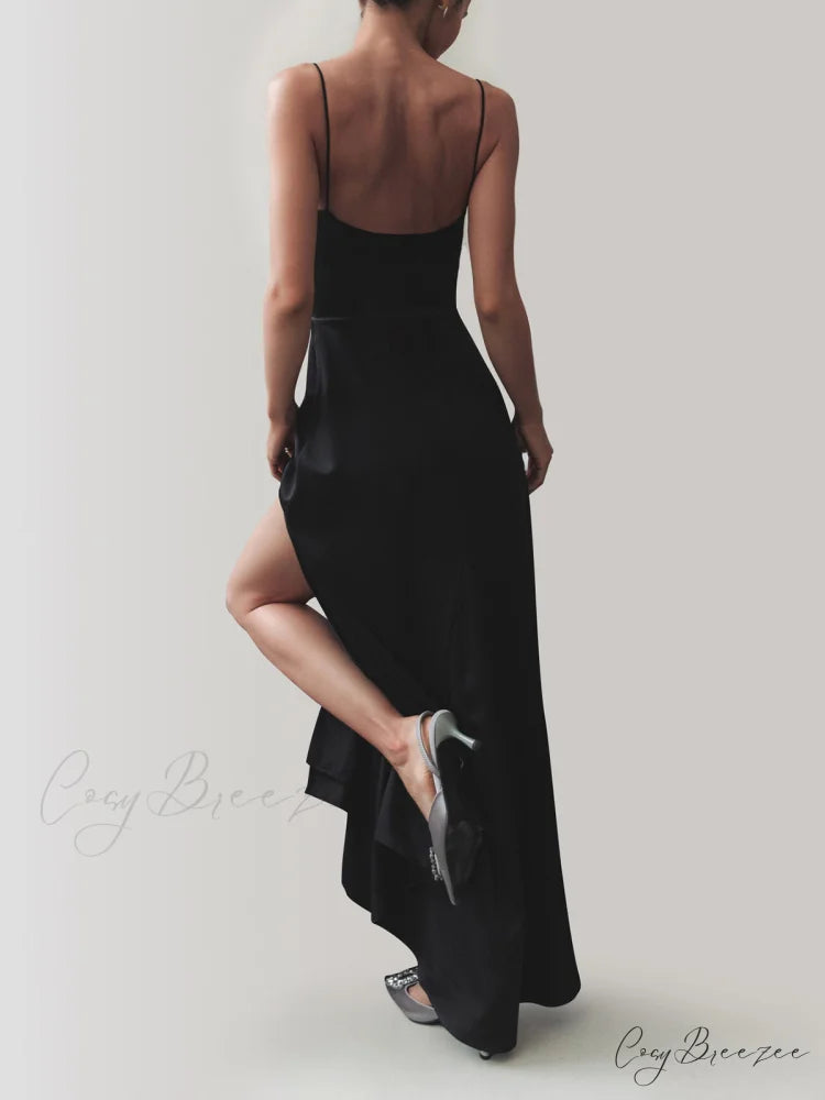 Cowl Neck Satin Trendy Slit Long Dress