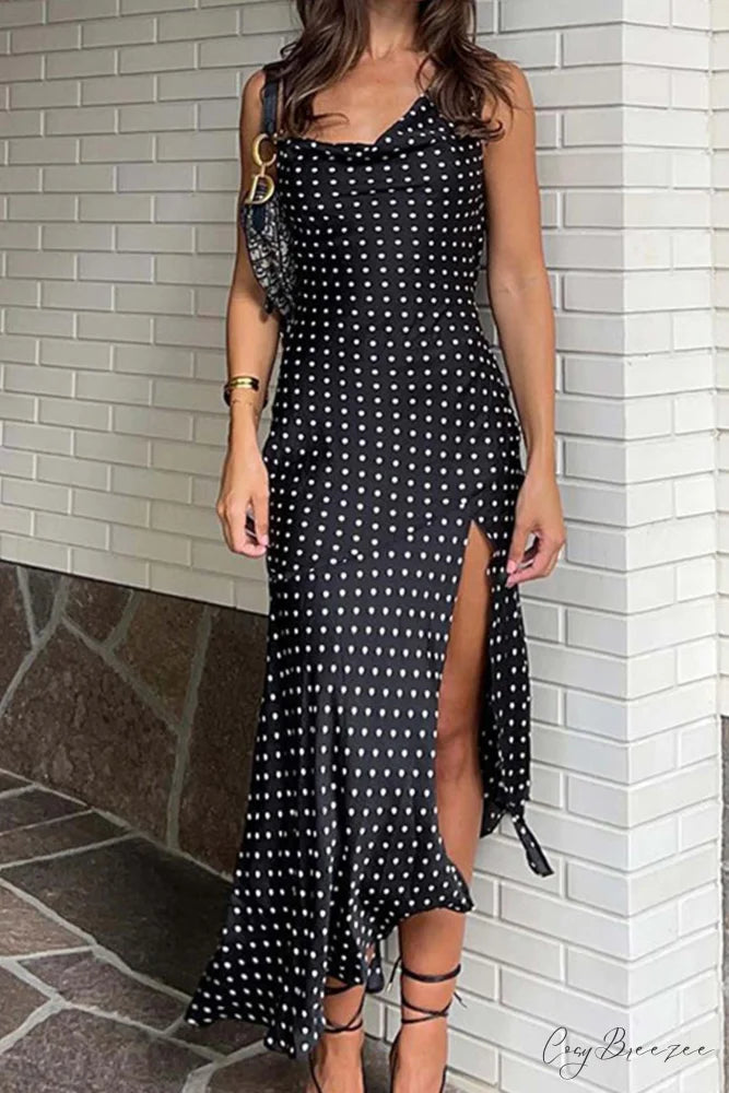 Cowl Neck Slit Dress with Polka Dots Black / M