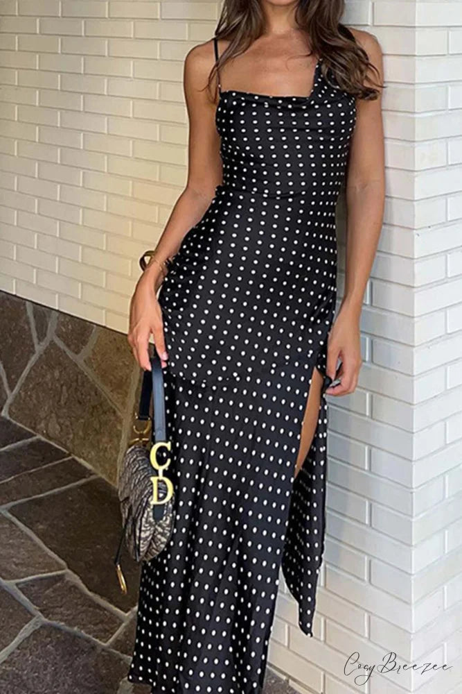 Cowl Neck Slit Dress with Polka Dots Black / S