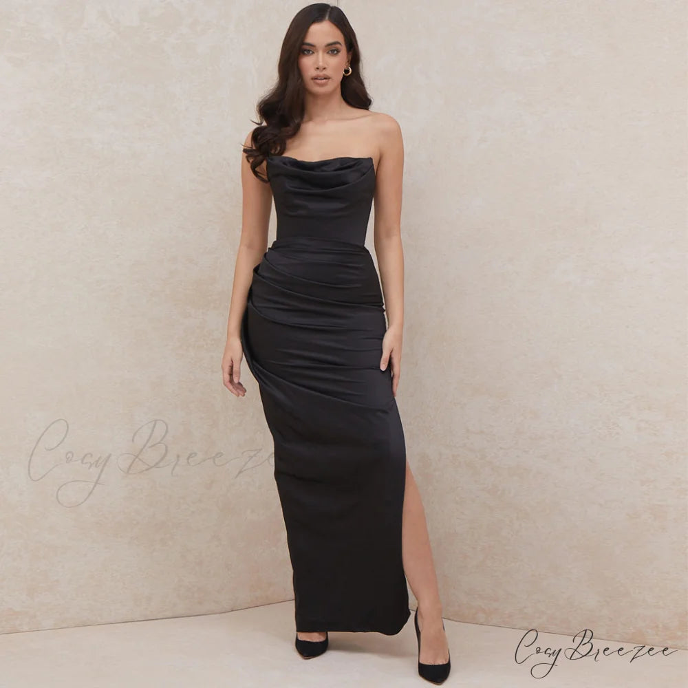 Cowl Neck Split Trendy Satin Maxi Dress M / Black
