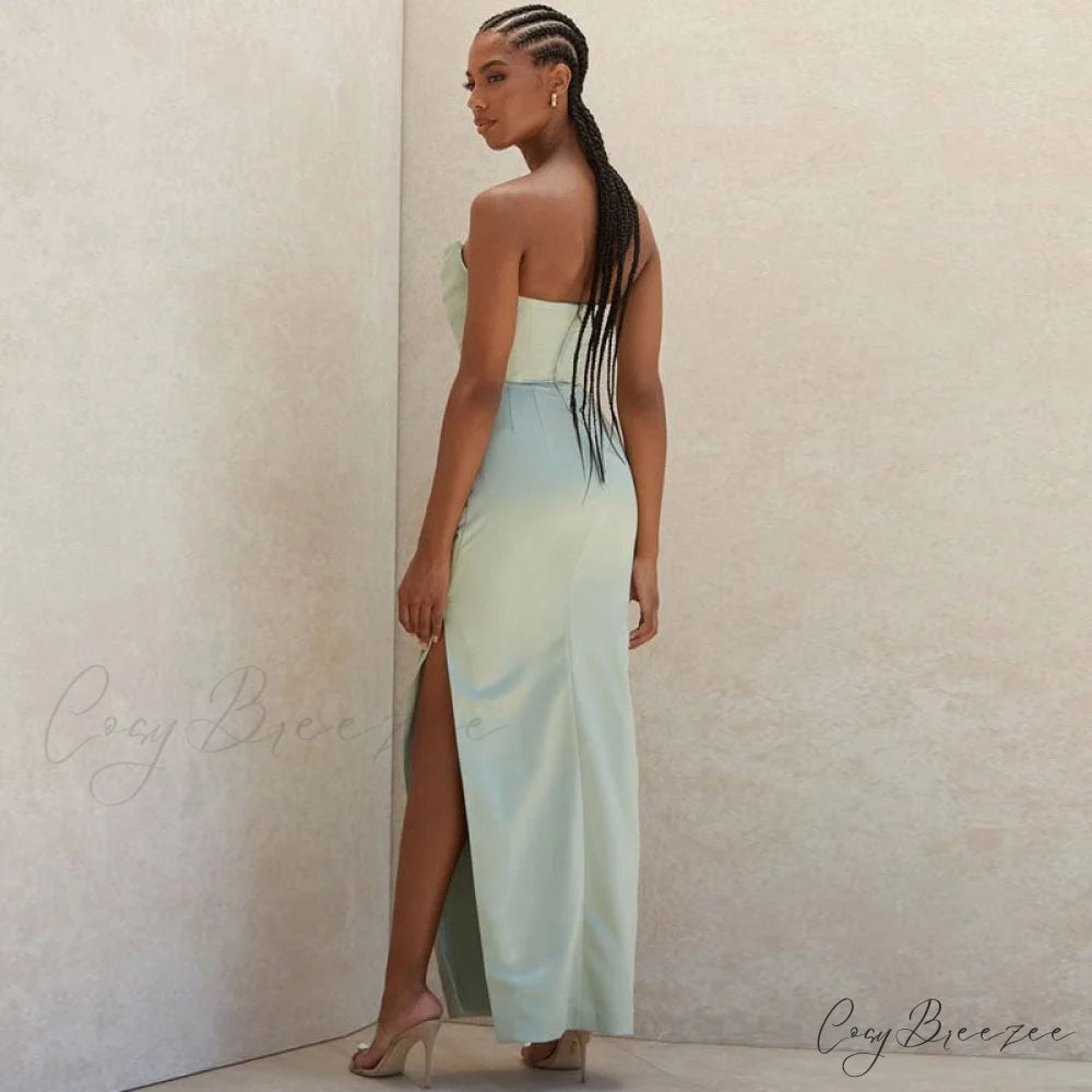 Cowl Neck Strapless Slit Modern Maxi Evening Dress - Black L / Green