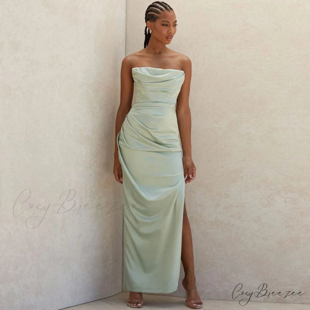 Cowl Neck Strapless Slit Modern Maxi Evening Dress - Black M / Green