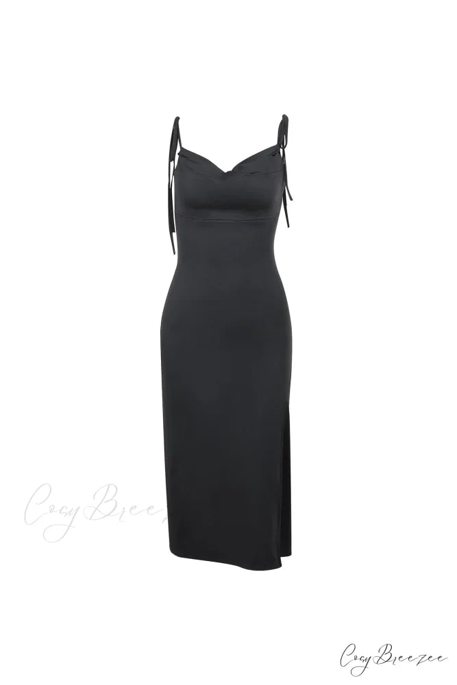 Cowl Neck Tie-straps Dress with Slit Black / L