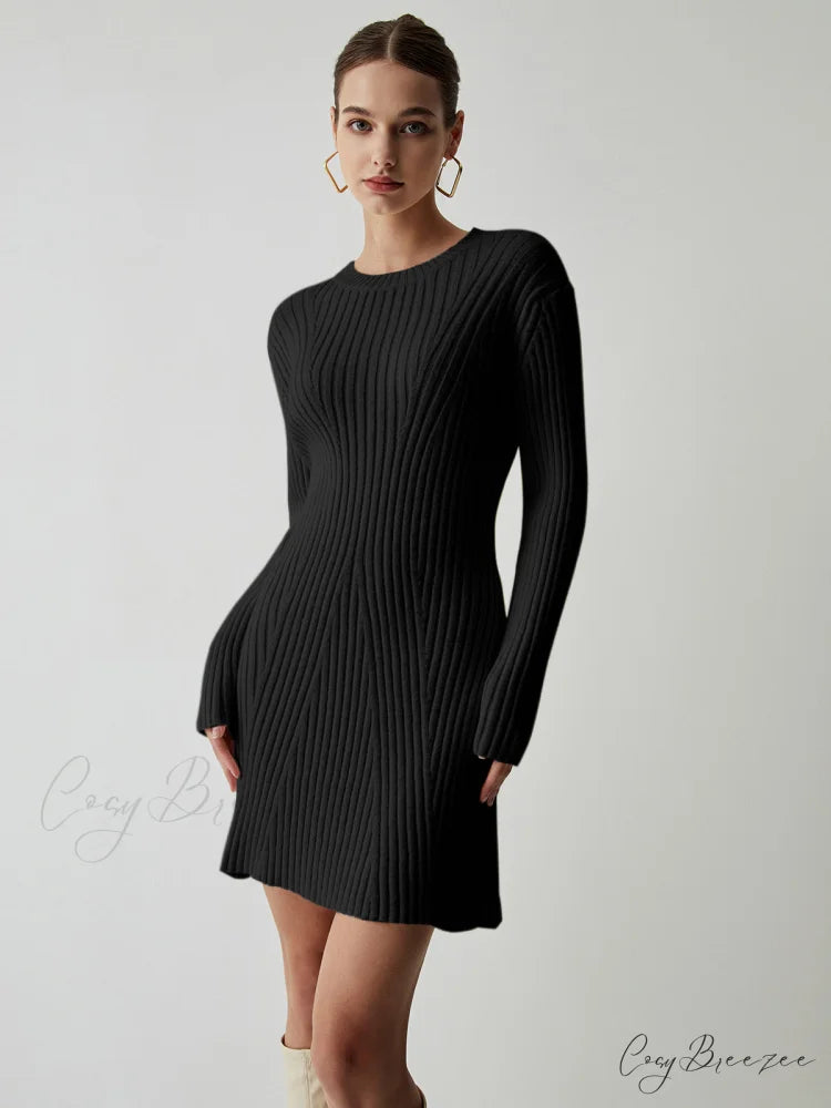 Cream Rib Long Trendy Sleeve Short Sweater Dress Black / XS