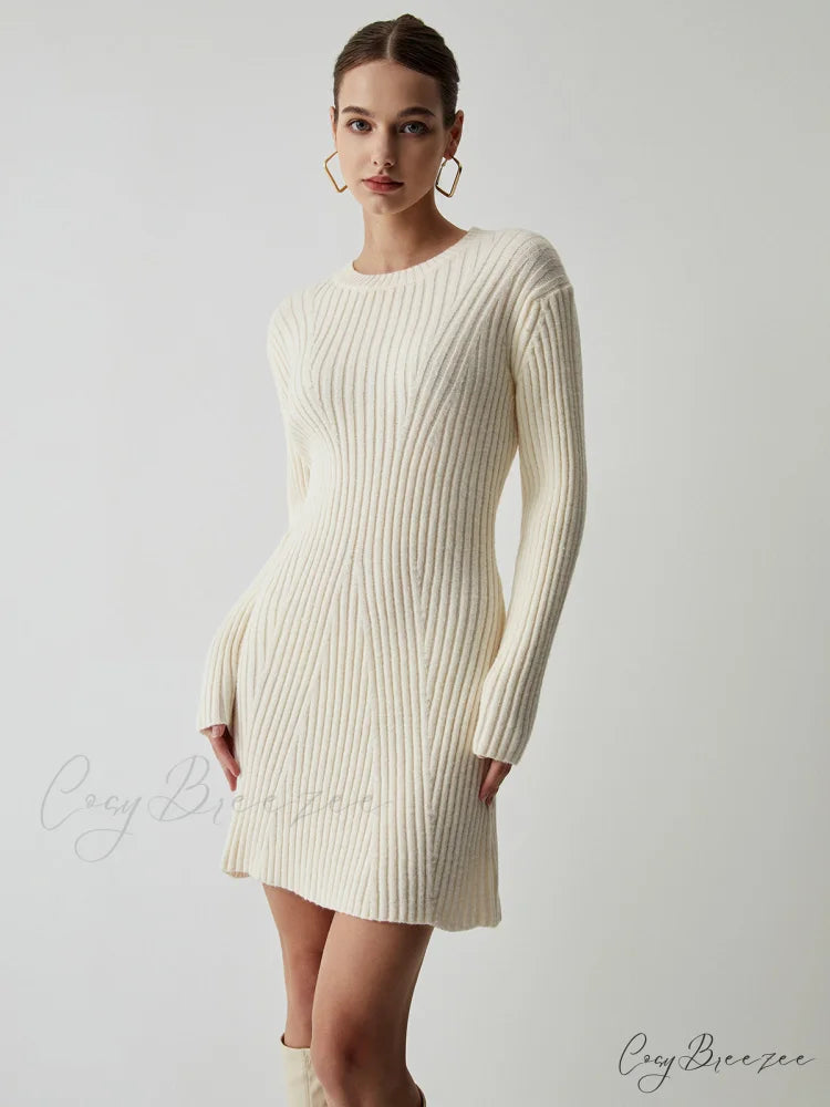 Cream Rib Long Trendy Sleeve Short Sweater Dress White / XS