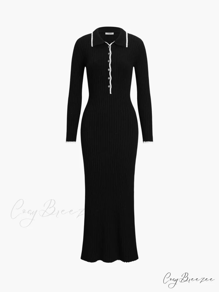 Creamy Flatwhite Contrast Trendy Trim Long Sweater Dress Black / XS