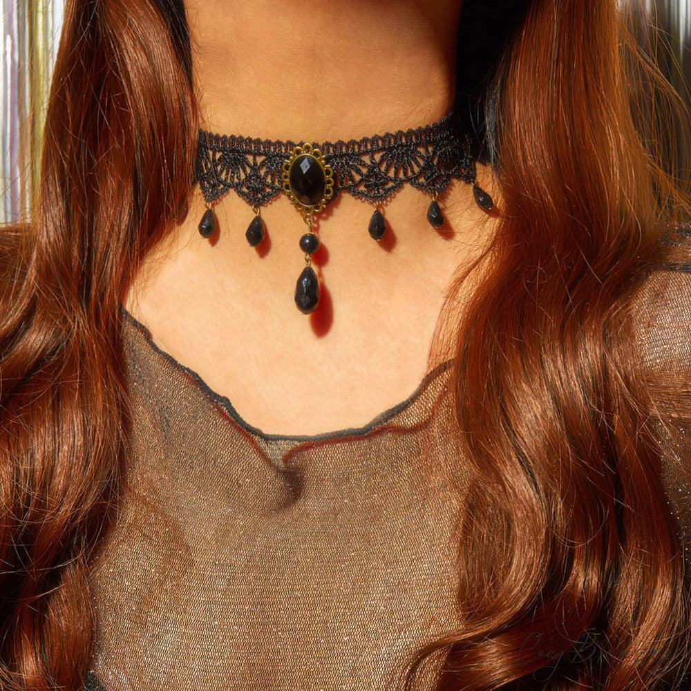 Creative Gothic Crystal Lace Layered Retro Personality Choker Necklace BLACK