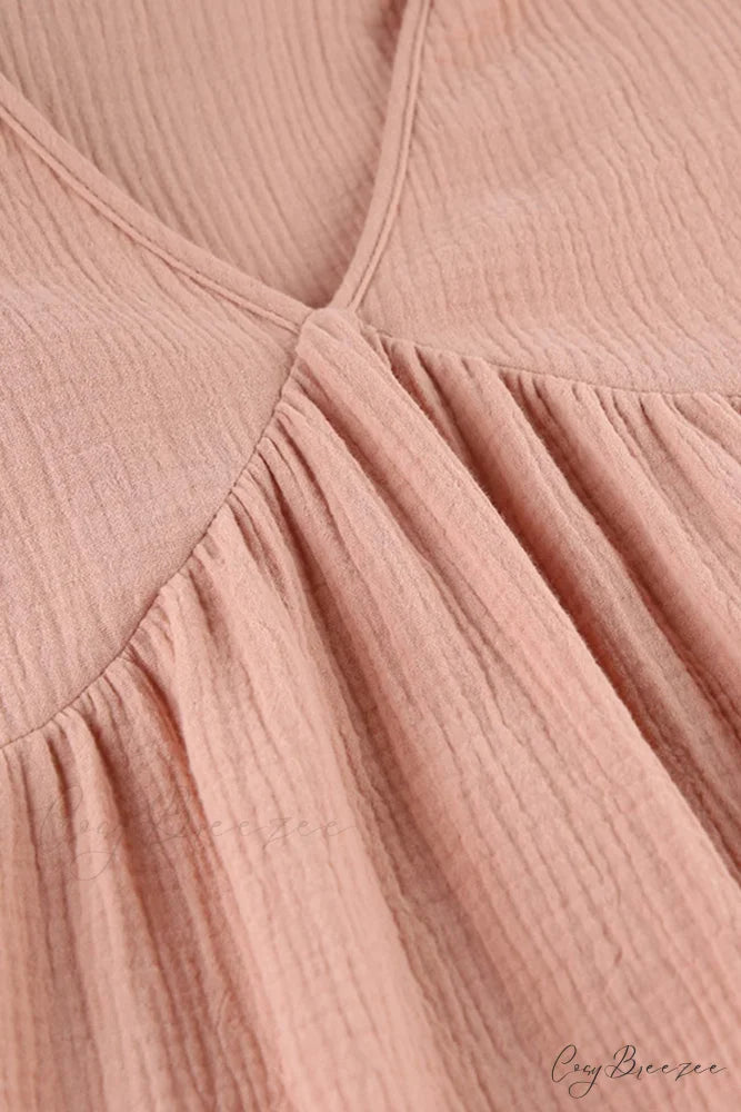 Crepe V Neck Puff Sleeve Loose Dress