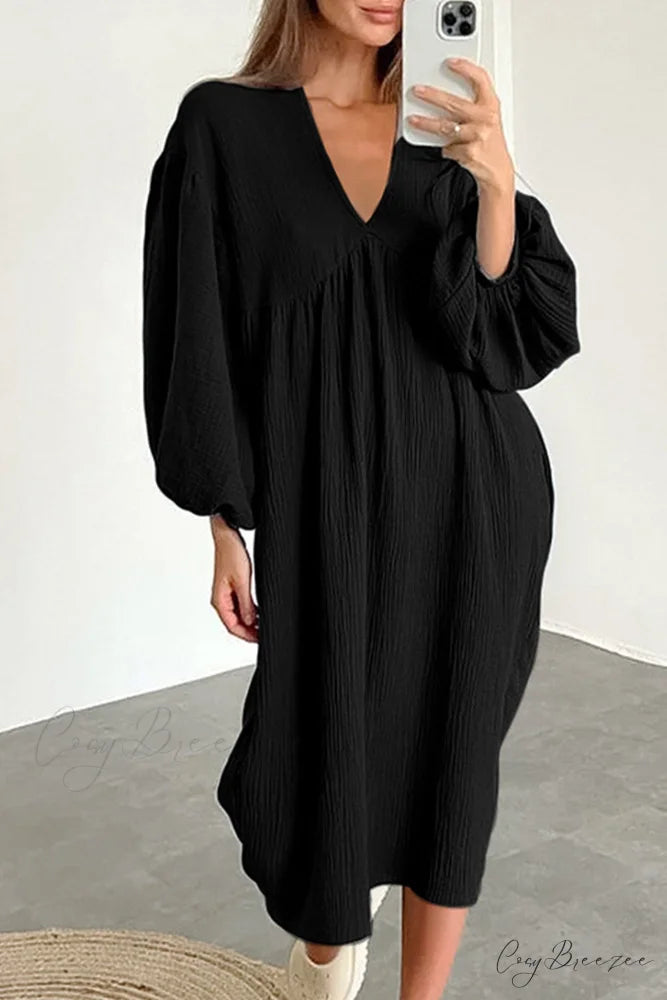 Crepe V Neck Puff Sleeve Loose Dress Black / S