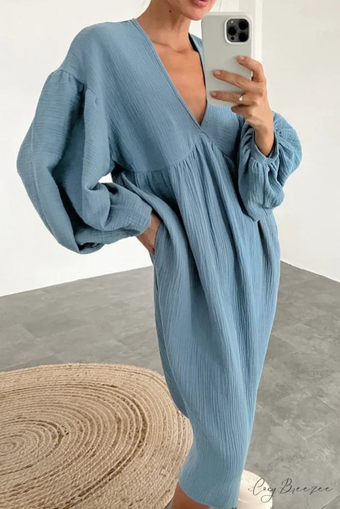 Crepe V Neck Puff Sleeve Loose Dress Blue / L