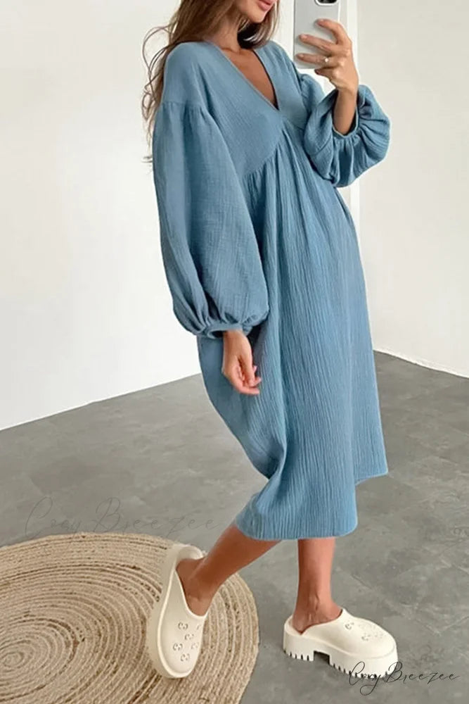 Crepe V Neck Puff Sleeve Loose Dress Blue / S