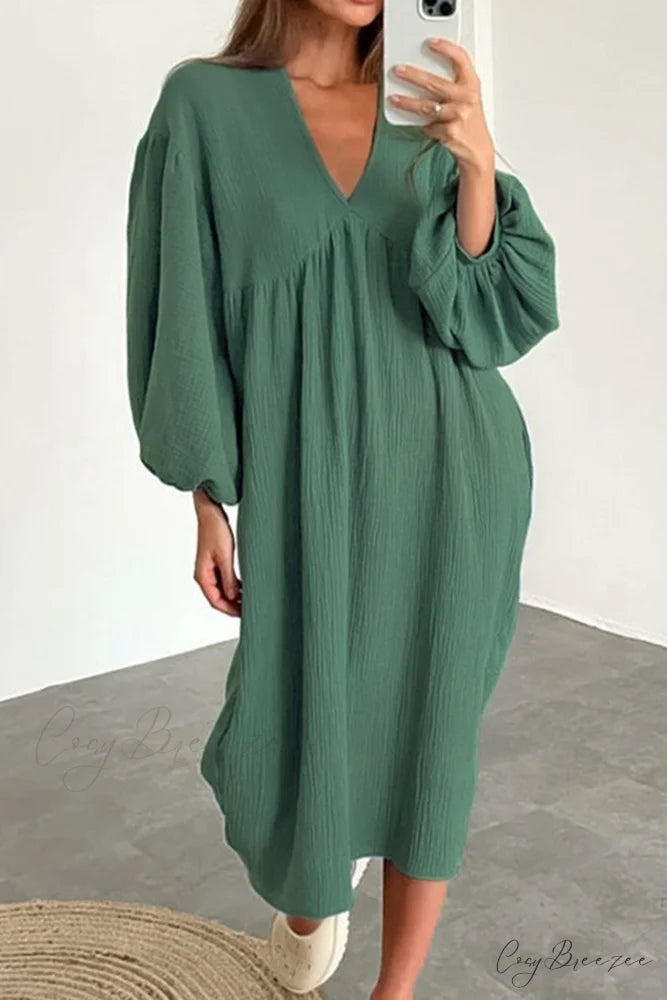 Crepe V Neck Puff Sleeve Loose Dress Green / S