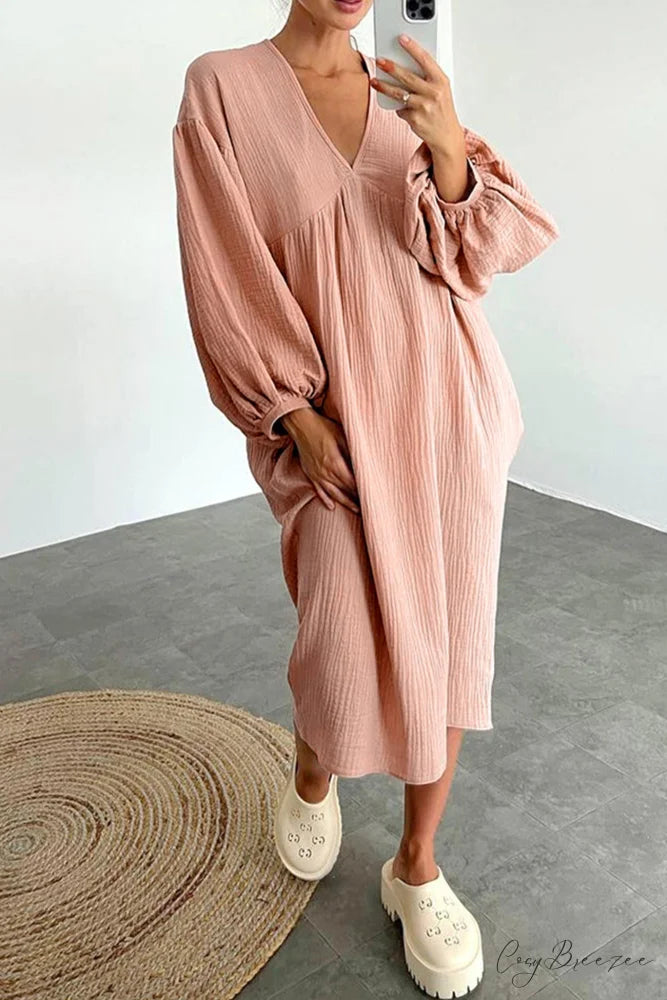 Crepe V Neck Puff Sleeve Loose Dress Pink / M
