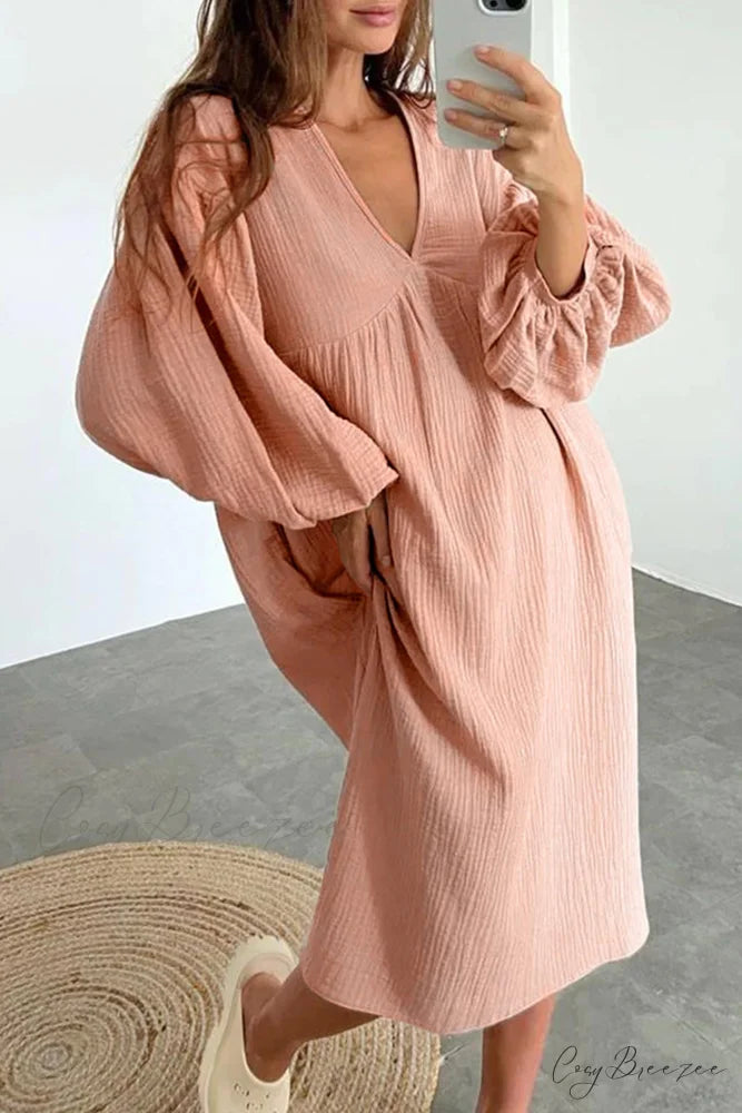 Crepe V Neck Puff Sleeve Loose Dress Pink / S