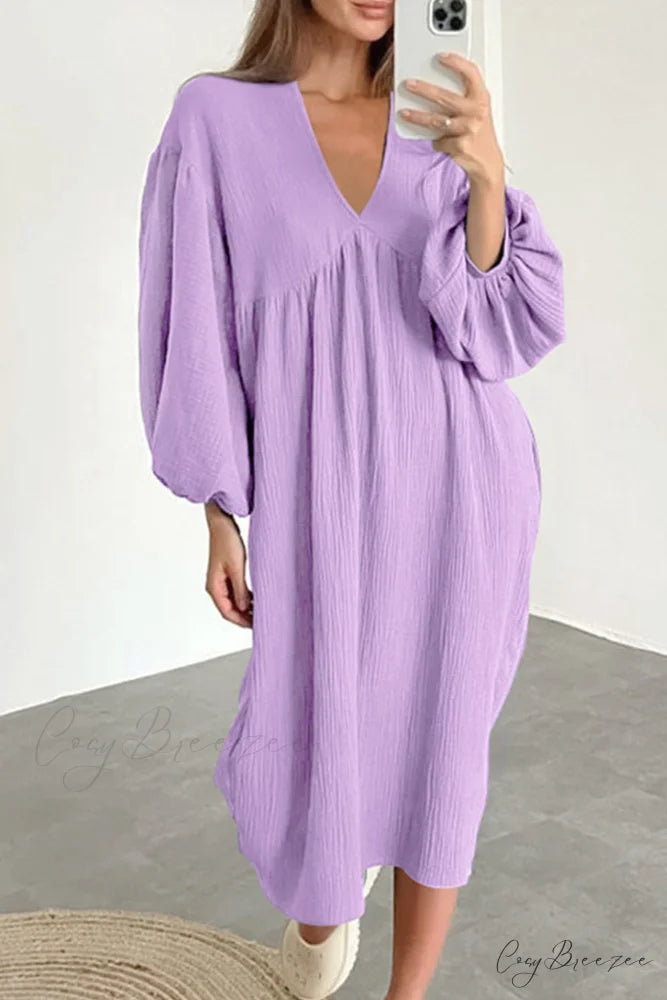 Crepe V Neck Puff Sleeve Loose Dress Purple / S