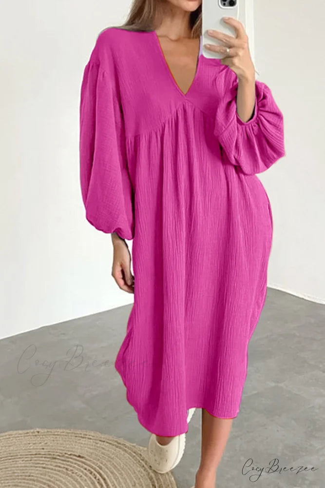 Crepe V Neck Puff Sleeve Loose Dress Rose / S