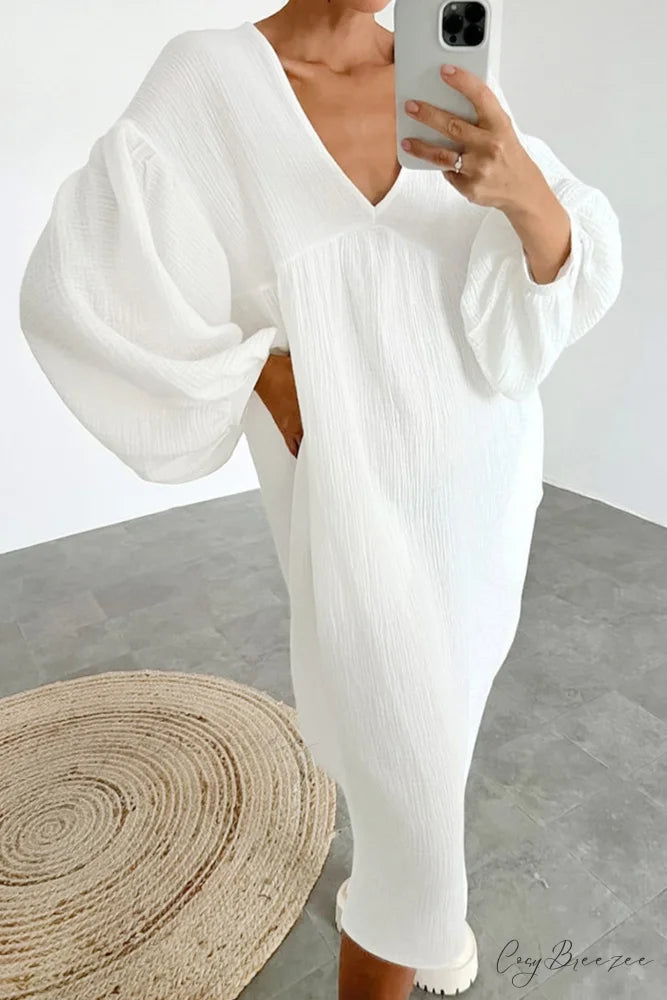 Crepe V Neck Puff Sleeve Loose Dress White / L