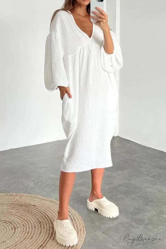 Crepe V Neck Puff Sleeve Loose Dress White / M
