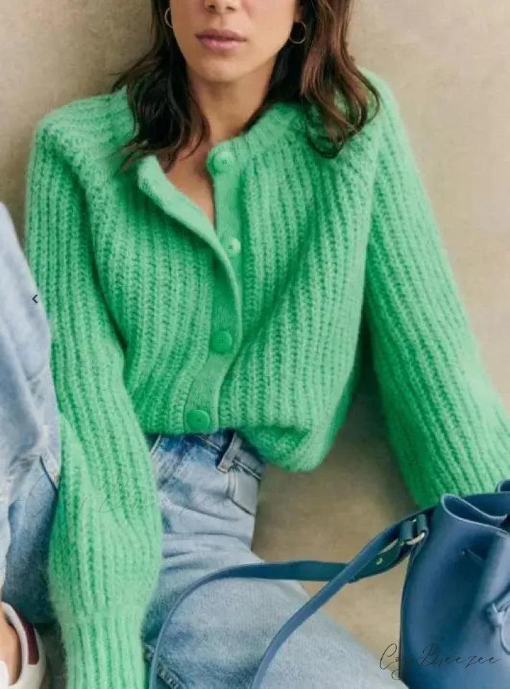 Crew Neck Button-Down Knit Cardigan green / S cardigans-241228
